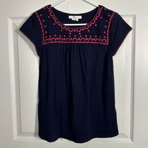 Boden Elisabeth jersey top, size 2, cotton, navy/pink, embroidered, loose fit